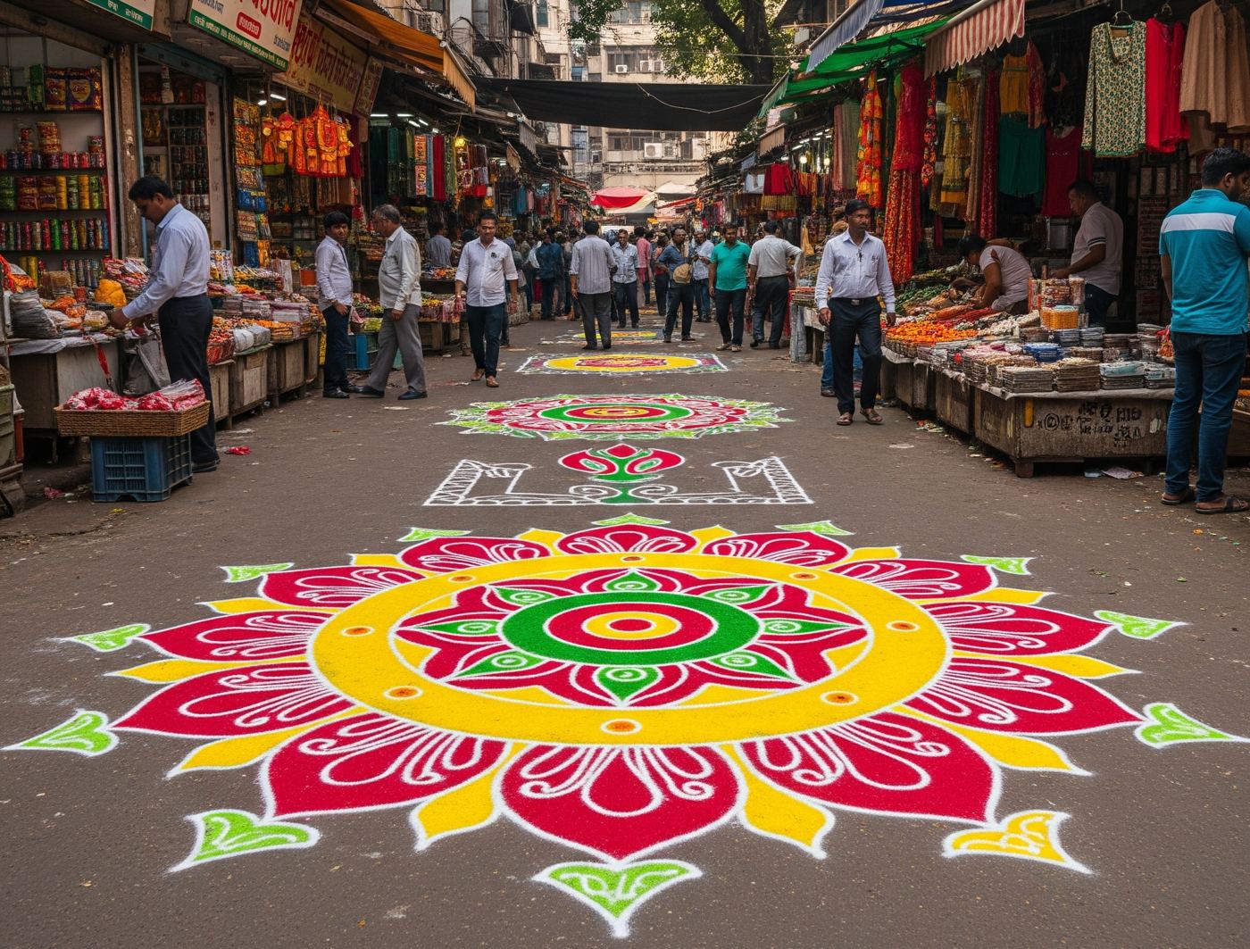 Large rangoli spanning a Mumbai street at dusk